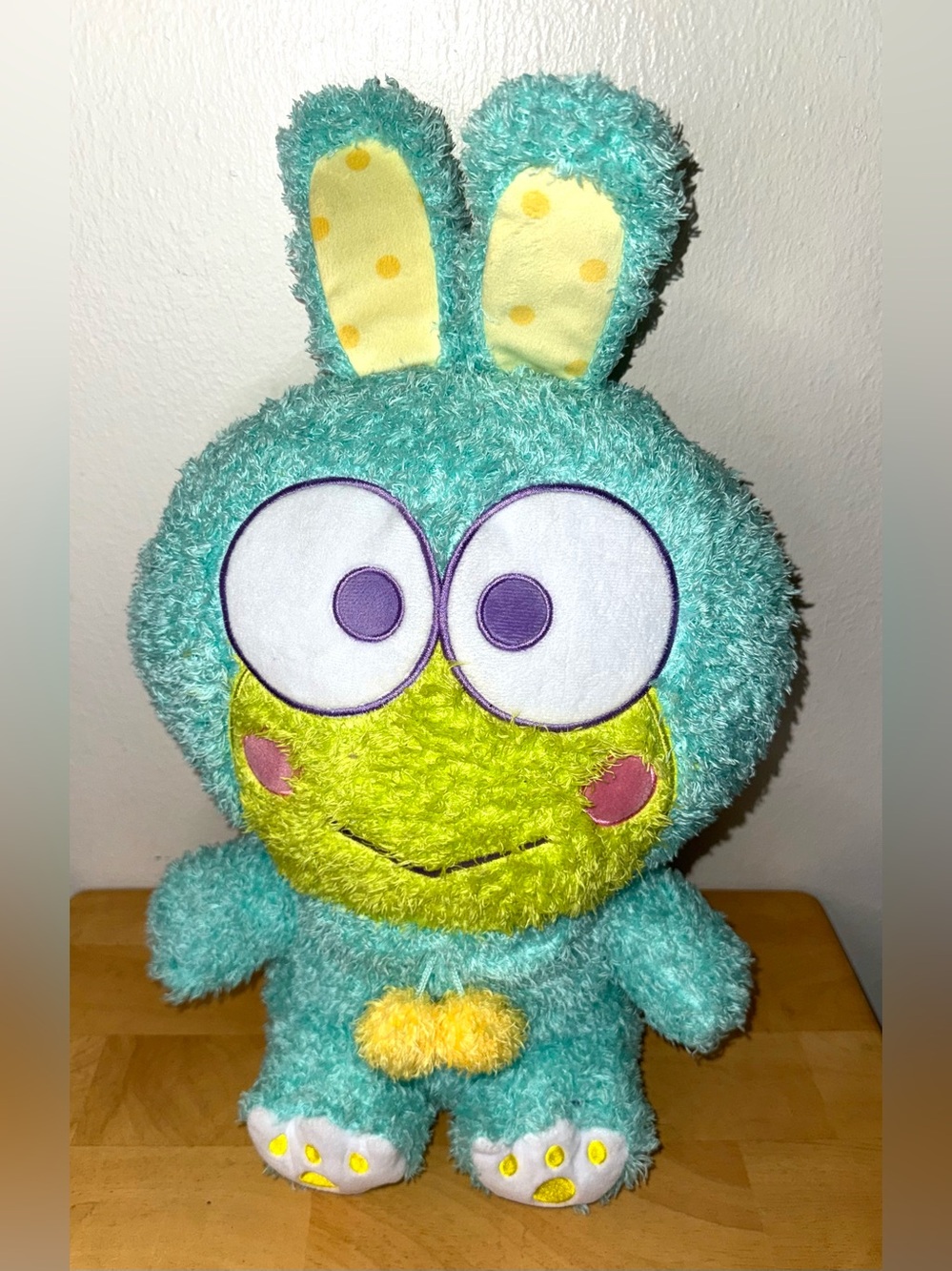 Sanrio Keroppi Easter Bunny Plush, dressed in a fuzzy turquoise bunny suit